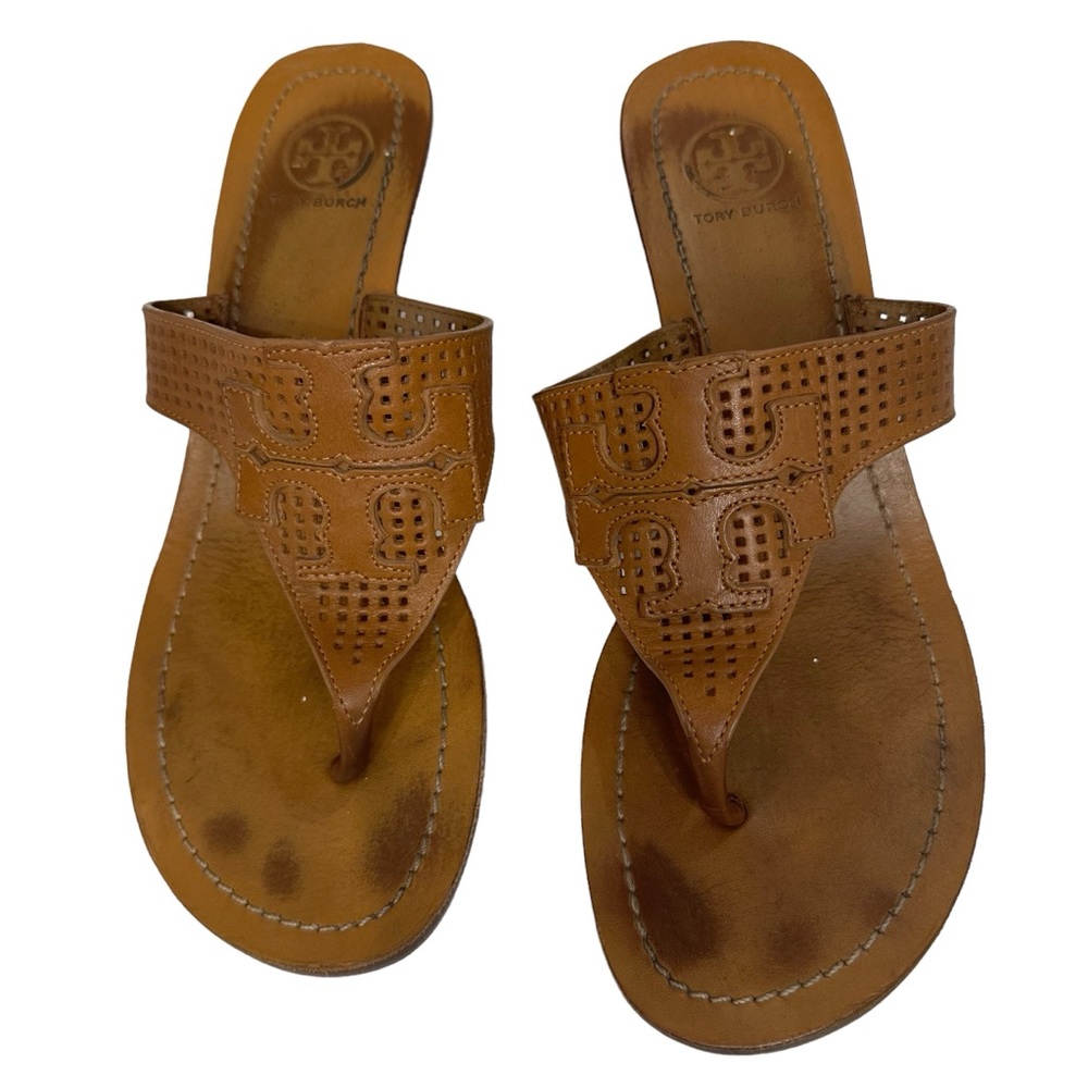 Tory Burch Wedge Thong Leather Sandals size 7.5 M